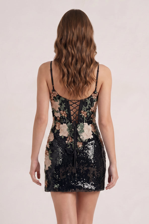 Black Sheath V Neck Sequined Flower Appliques Mini Party Dress (2) | KISSPROM