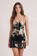 Black Sheath V Neck Sequined Flower Appliques Mini Party Dress | KISSPROM