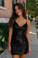 Black Sheath V Neck Sequined Short Homecoming Dresses | KISSPROM