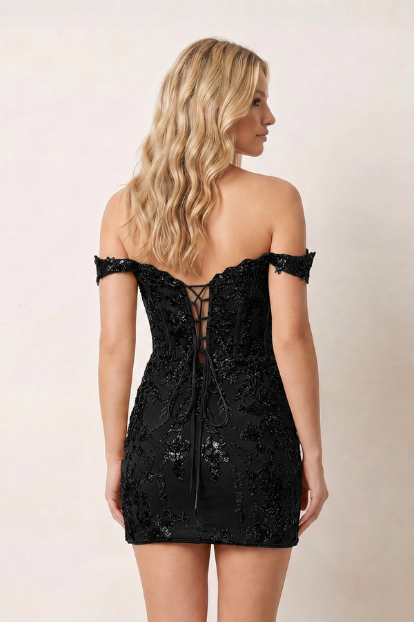Black Short Off the Shoulder Sheath Kace Corset Mini Homecoming Dresses (2) | KISSPROM