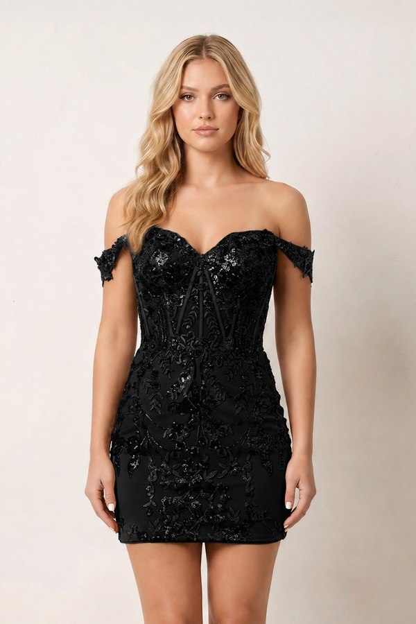 Black Short Off the Shoulder Sheath Kace Corset Mini Homecoming Dresses | KISSPROM