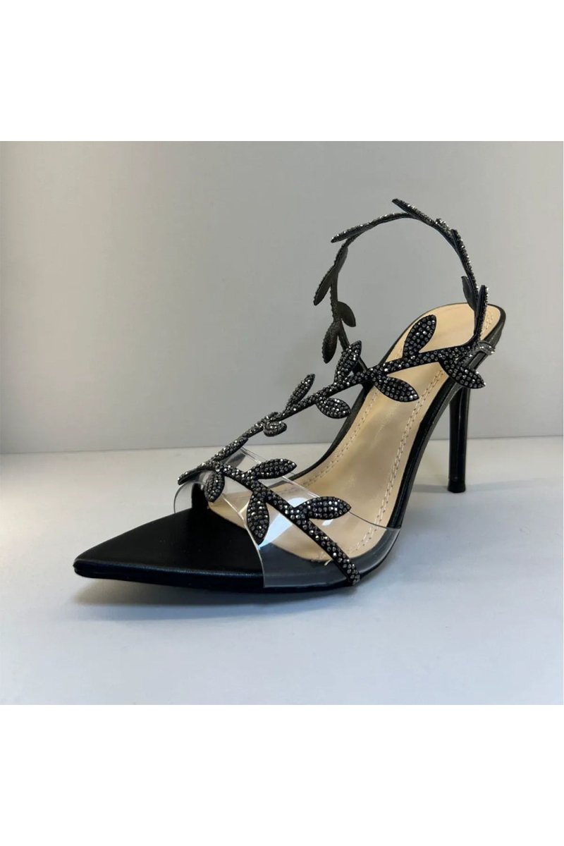 Black Slingback Open Toe Stiletto High Heels with Rhinestones - KissProm