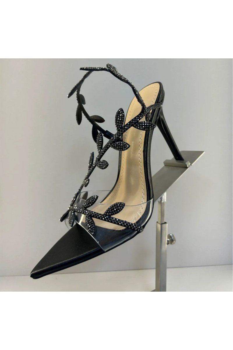 Black Slingback Open Toe Stiletto High Heels with Rhinestones - KissProm