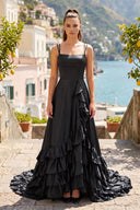 Black Spaghetti Straps A Line Lace-Up Ruffle Tiered Prom Dress with Slit | KISSPROM