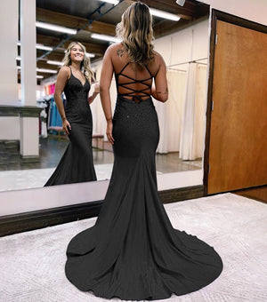 Alison |Mermaid Spaghetti Straps Corset Back Satin Prom Dress
