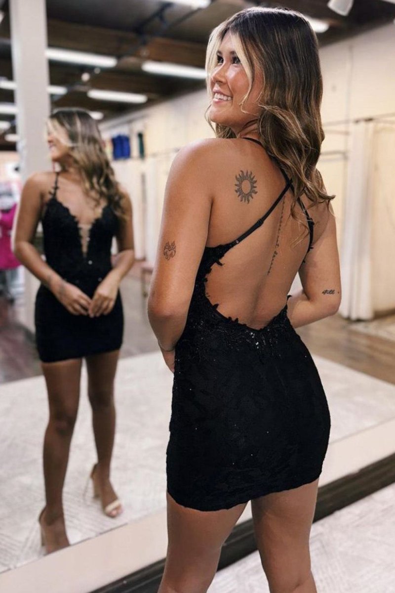 Black Spaghetti Straps Cross Back Beading Short Homecoming Dress