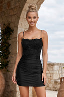 Black Spaghetti Straps Cross Back Bodycon Short Mini Homecoming Dresses (3) | KISSPROM
