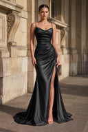 Black Spaghetti Straps Mermaid Satin Slit Prom Dresses | KISSPROM