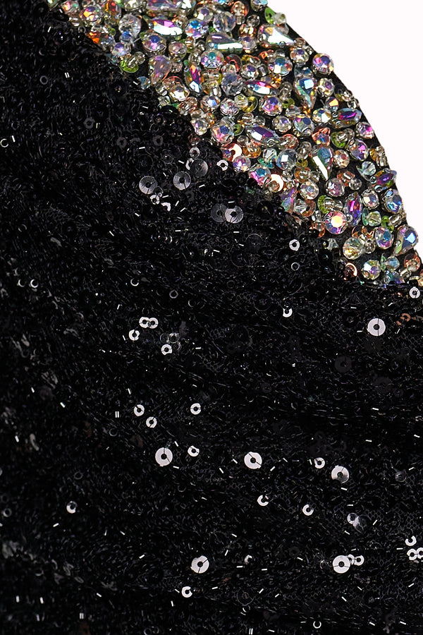 Black Spaghetti Straps Mermaid Sequined Long Prom Dresses With Slit