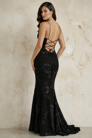 KissProm-Black Spaghetti Straps Mermaid Tulle Long Prom Dresses With Appliques