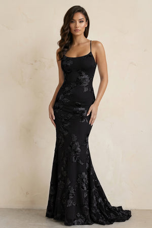 KissProm-Black Spaghetti Straps Mermaid Tulle Long Prom Dresses With Appliques