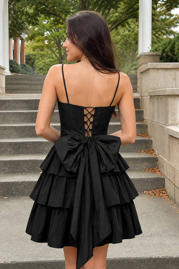 Black Spaghetti Straps Satin A-Line Ruffled Short Corset Homecoming Dress with Bow (2) | KISSPROM