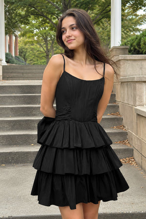 Black Spaghetti Straps Satin A-Line Ruffled Short Corset Homecoming Dress with Bow | KISSPROM