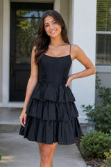 Ivilia | Black Spaghetti Straps Satin A-Line Ruffled Short Corset Homecoming Dress with Bow