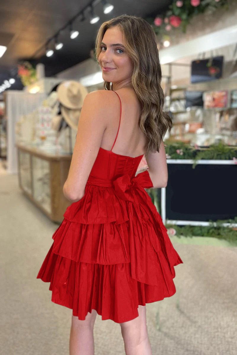 Ivilia | Black Spaghetti Straps Satin A-Line Ruffled Short Corset Homecoming Dress with Bow