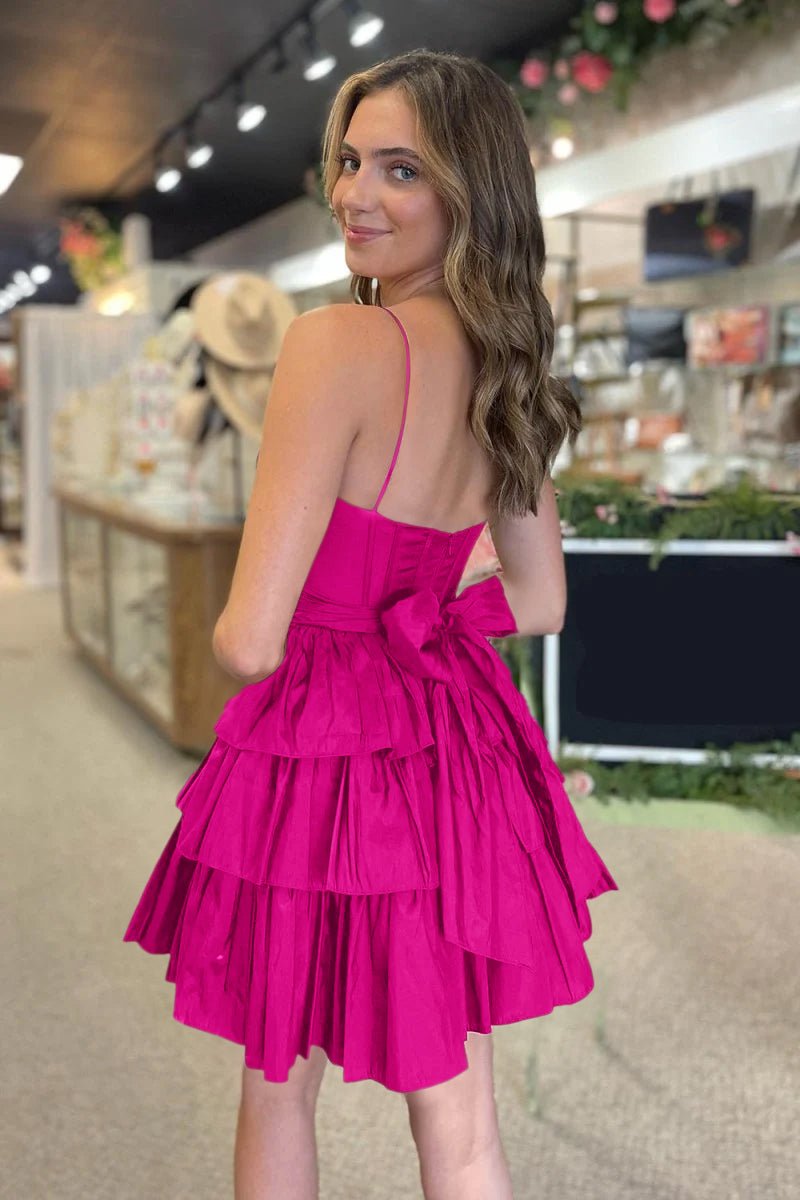 Black Spaghetti Straps Satin A-Line Ruffled Short Corset Homecoming Dress with Bow Fuchsia / 8 Black Spaghetti Straps Satin A-Line Ruffled Short Corset Homecoming Dress with Bow Fuchsia / 8