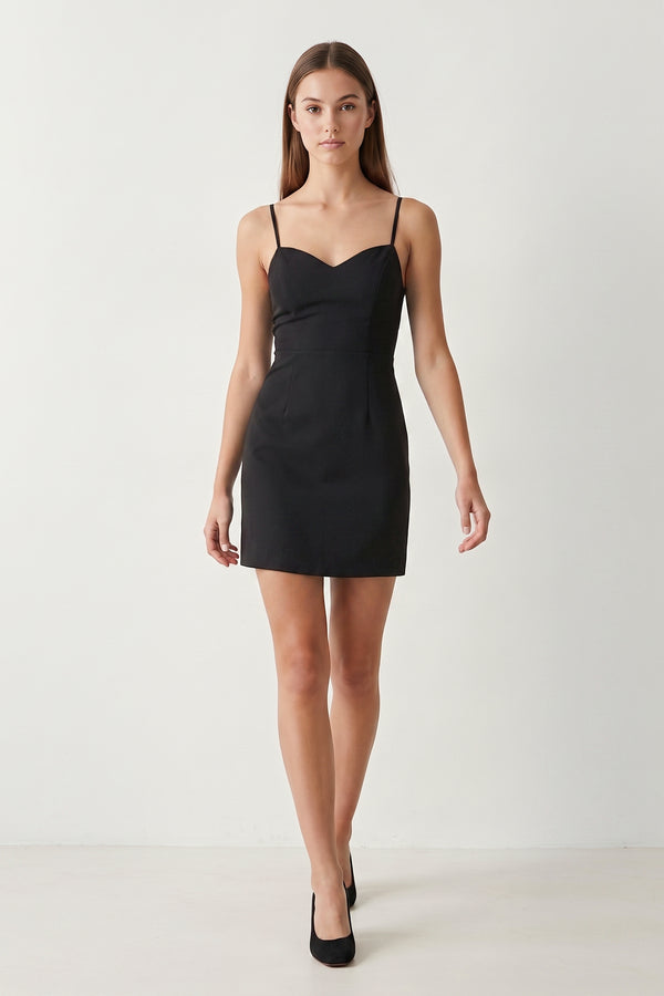 Black Spaghetti Straps Sheath Linen Homecoming Dress With Back Bow | KISSPROM