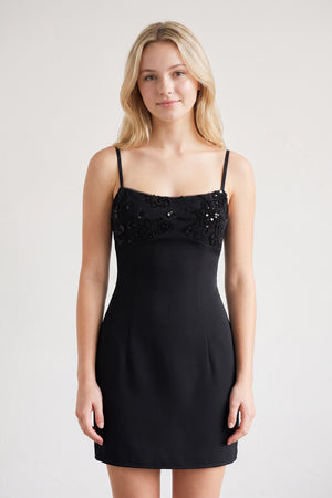 Black Spaghetti Straps Sheath Satin Mini Homecoming Dress (3) | KISSPROM