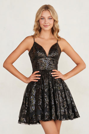A-line Spaghetti Straps V Neck Lace Homecoming Dress - KissProm