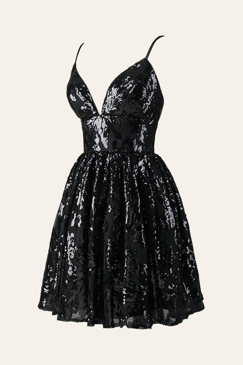 A-line Spaghetti Straps V Neck Lace Homecoming Dress, Black / 00 A-line Spaghetti Straps V Neck Lace Homecoming Dress, Black / 00