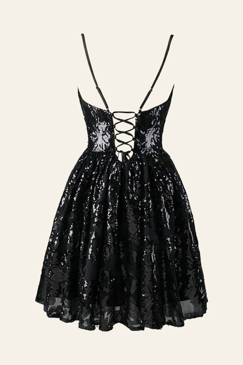 A-line Spaghetti Straps V Neck Lace Homecoming Dress, Black / 00 A-line Spaghetti Straps V Neck Lace Homecoming Dress, Black / 00