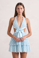 Sky Blue Sparkly Cut-Out Halter A-Line Chiffon Bow Homecoming Dress With Pearl | KISSPROM
