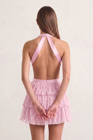 Pink Black Sparkly Cut-Out Halter A-Line Chiffon Bow Homecoming Dress With Pearl | KISSPROM