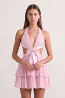 Pink Sparkly Cut-Out Halter A-Line Chiffon Bow Homecoming Dress With Pearl | KISSPROM