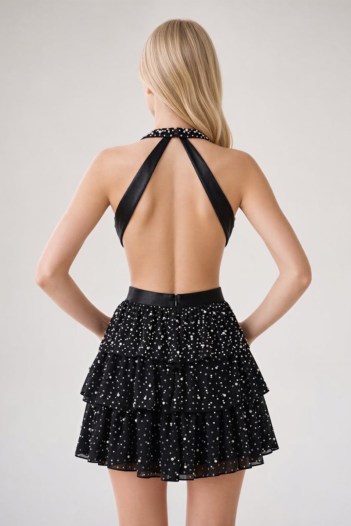 KissProm Black Sparkly Cut-Out Halter A-Line Chiffon Bow Homecoming Dress With Pearl, Black / 18