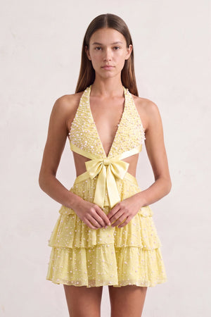 Yellow Sparkly Cut-Out Halter A-Line Chiffon Bow Homecoming Dress With Pearl | KISSPROM