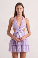 Lavender Sparkly Cut-Out Halter A-Line Chiffon Bow Homecoming Dress With Pearl | KISSPROM