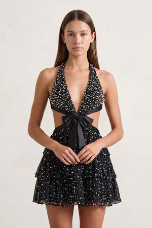 Black Sparkly Cut-Out Halter A-Line Chiffon Bow Homecoming Dress With Pearl - KissProm