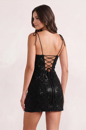 Black Sparkly Sequin Sheath Bow Spaghetti Straps Homecoming Dress (4) | KISSPROM