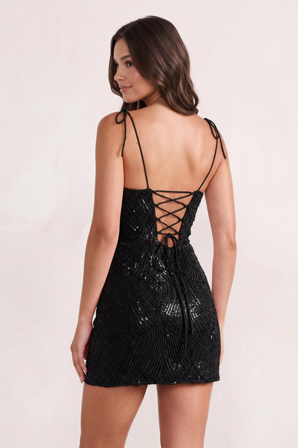 Black Sparkly Sequin Sheath Bow Spaghetti Straps Homecoming Dress (4) | KISSPROM