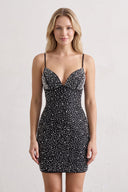 Black Sparkly Spaghetti Straps Sheath Mini Homecoming Dress With Pearl | KISSPROM