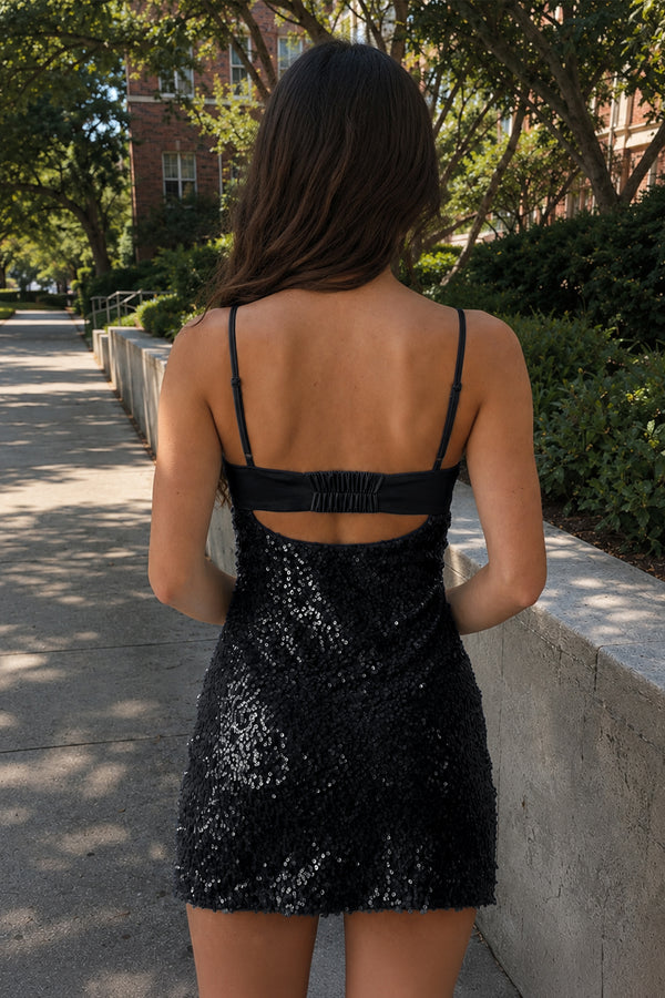 Black Sparkly Spaghetti Straps Sheath Mini Party Dress With Sequins (2) | KISSPROM