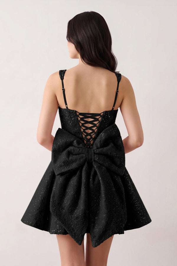Black Sparkly Square Neck A-Line Sequin Ruched Homecoming Dress with Bow (2) | KISSPROM