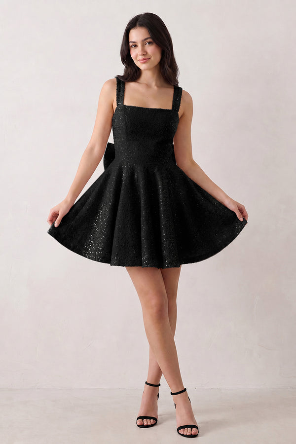 Black Sparkly Square Neck A-Line Sequin Ruched Homecoming Dress with Bow (3) | KISSPROM