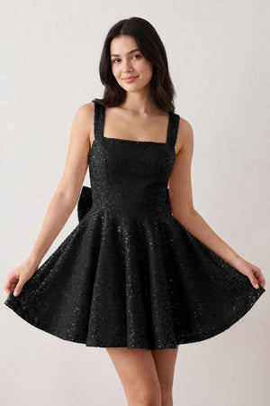 Black Sparkly Square Neck A-Line Sequin Ruched Homecoming Dress with Bow | KISSPROM