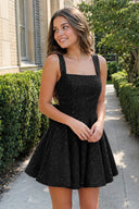 Black Sparkly Square Neck A-Line Sequin Ruched Homecoming Dress with Bow | KISSPROM