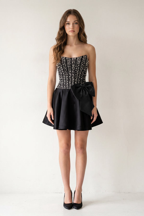 Black Sparkly Strapless A-Line Satin Corset Mini Homecoming Dress With Rhinestones – Homecoming Dress by KissProm | Available at KissProm
