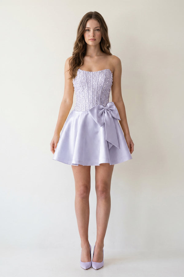 Lavender Sparkly Strapless A-Line Satin Corset Mini Homecoming Dress With Rhinestones - KISSPROM