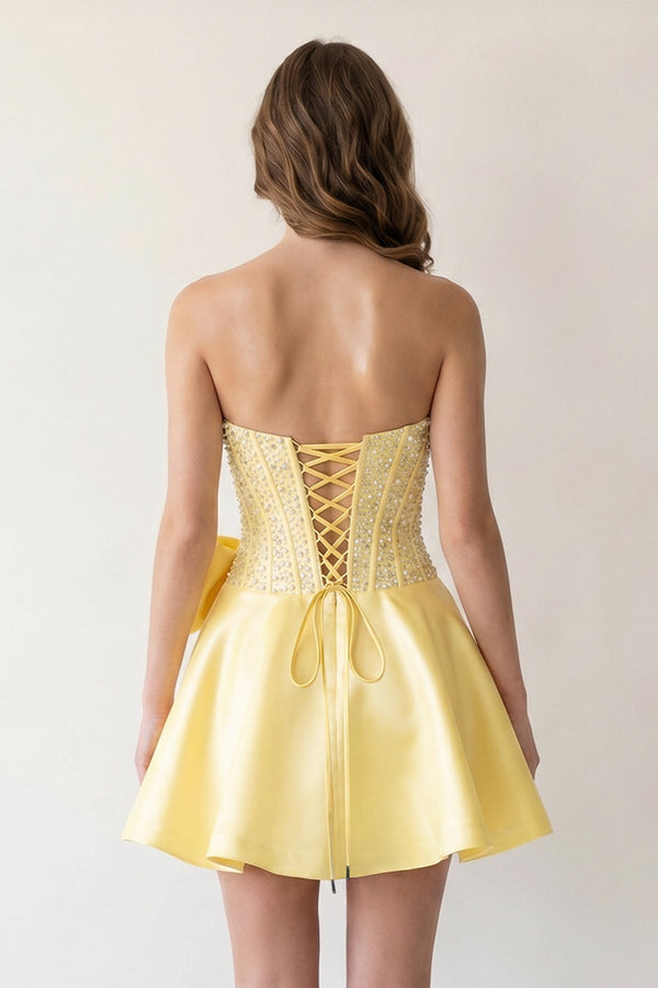 Yellow Sparkly Strapless A-Line Satin Corset Mini Homecoming Dress With Rhinestones – Homecoming Dress by KissProm | Available at KissProm