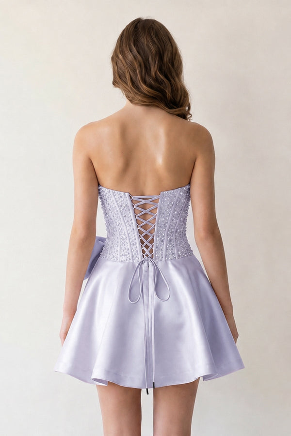 Lavender Sparkly Strapless A-Line Satin Corset Mini Homecoming Dress With Rhinestones - KISSPROM