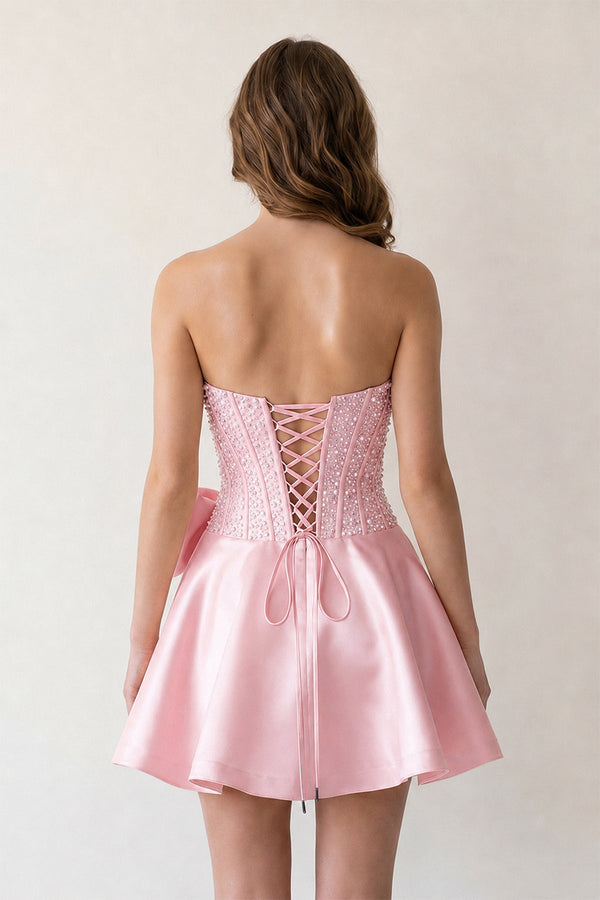 Pink Sparkly Strapless A-Line Satin Corset Mini Homecoming Dress With Rhinestones - KISSPROM