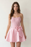 Pink Sparkly Strapless A-Line Satin Corset Mini Homecoming Dress With Rhinestones - KISSPROM