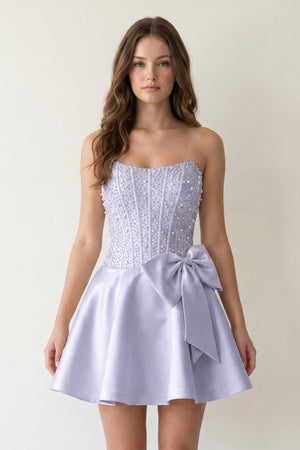 Lavender Sparkly Strapless A-Line Satin Corset Mini Homecoming Dress With Rhinestones - KISSPROM