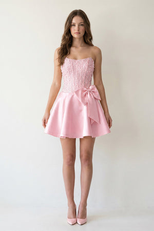 Pink Sparkly Strapless A-Line Satin Corset Mini Homecoming Dress With Rhinestones - KISSPROM