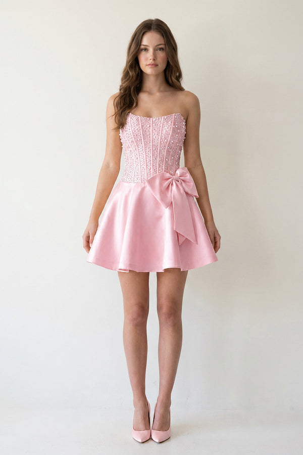 Pink Sparkly Strapless A-Line Satin Corset Mini Homecoming Dress With Rhinestones - KISSPROM