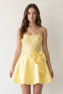 Yellow Sparkly Strapless A-Line Satin Corset Mini Homecoming Dress With Rhinestones – Homecoming Dress by KissProm | Available at KissProm